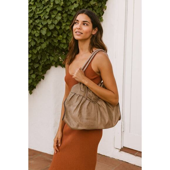 Patricia Nash Lione Leather Double Handle Pleated Satchel Beige Taupe Tote Bag - Picture 1 of 7